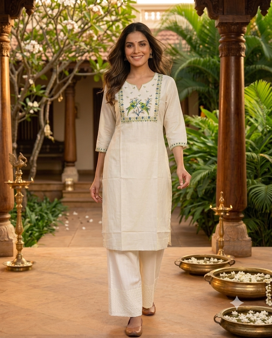 Off-White Cotton Bird Embroidered  Kurti  Top