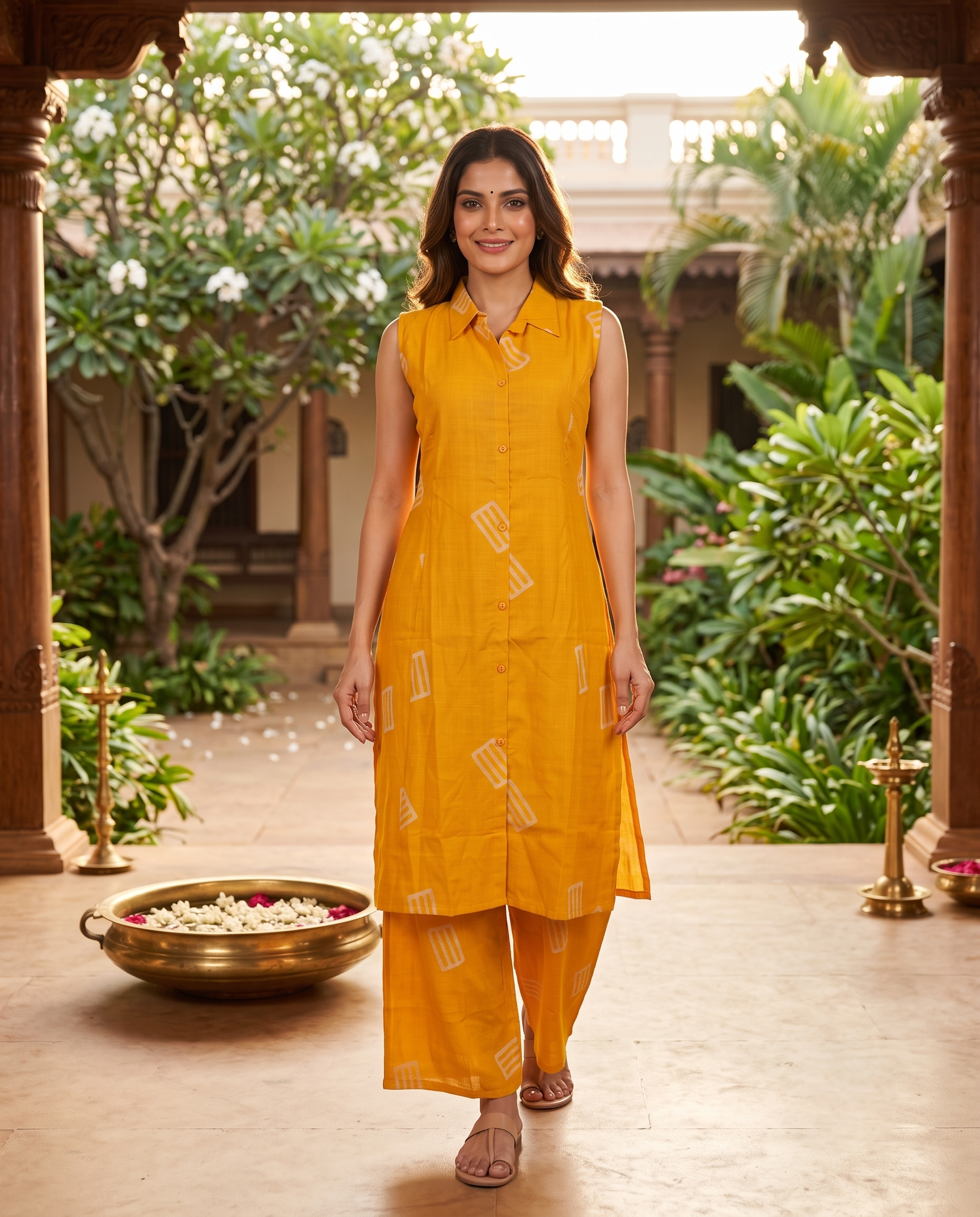 Mustard Yellow Geometric Print Cotton Co-ord Set with A-Line Cut