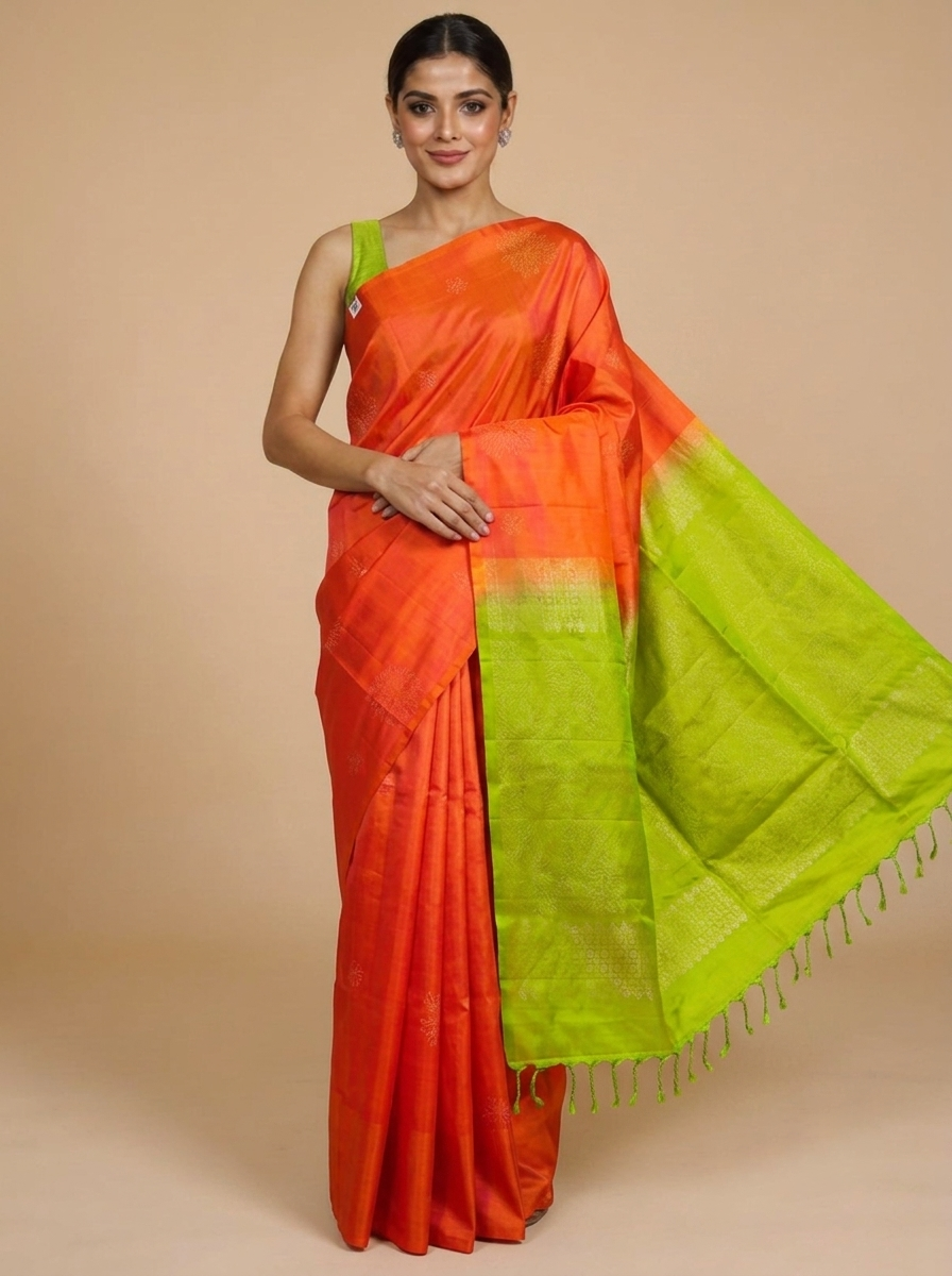 Orange and Lime Green Pure Soft Silk Saree