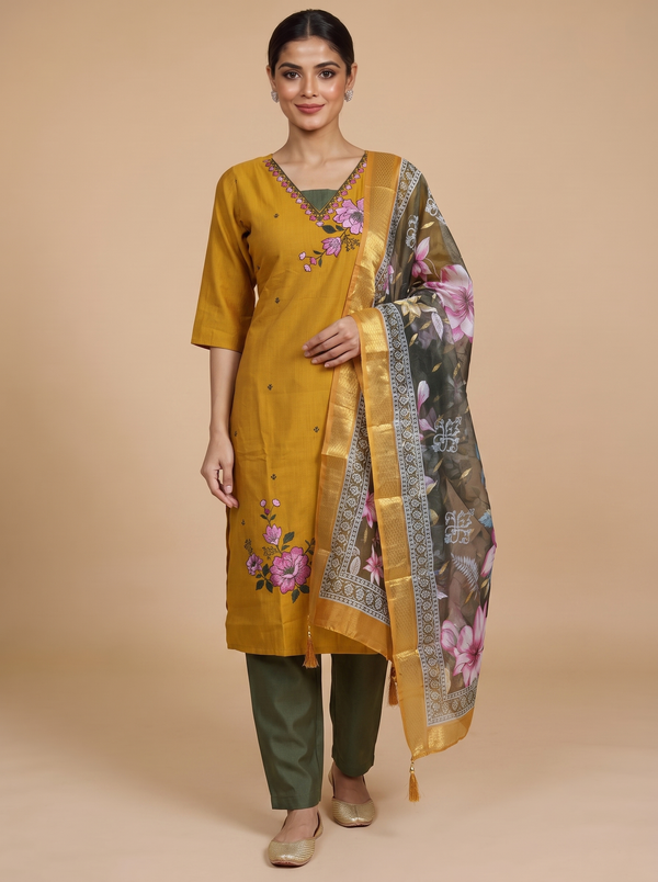 Mustard Yellow with Olive Green Dupatta Anarkali Kurti Set
