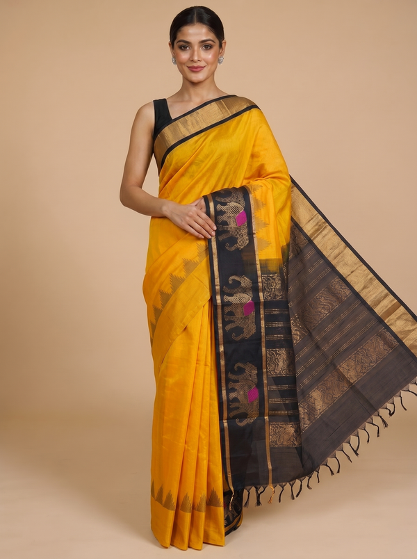 Vibrant Mustard Yellow and Black Pure Silk Cotton Saree