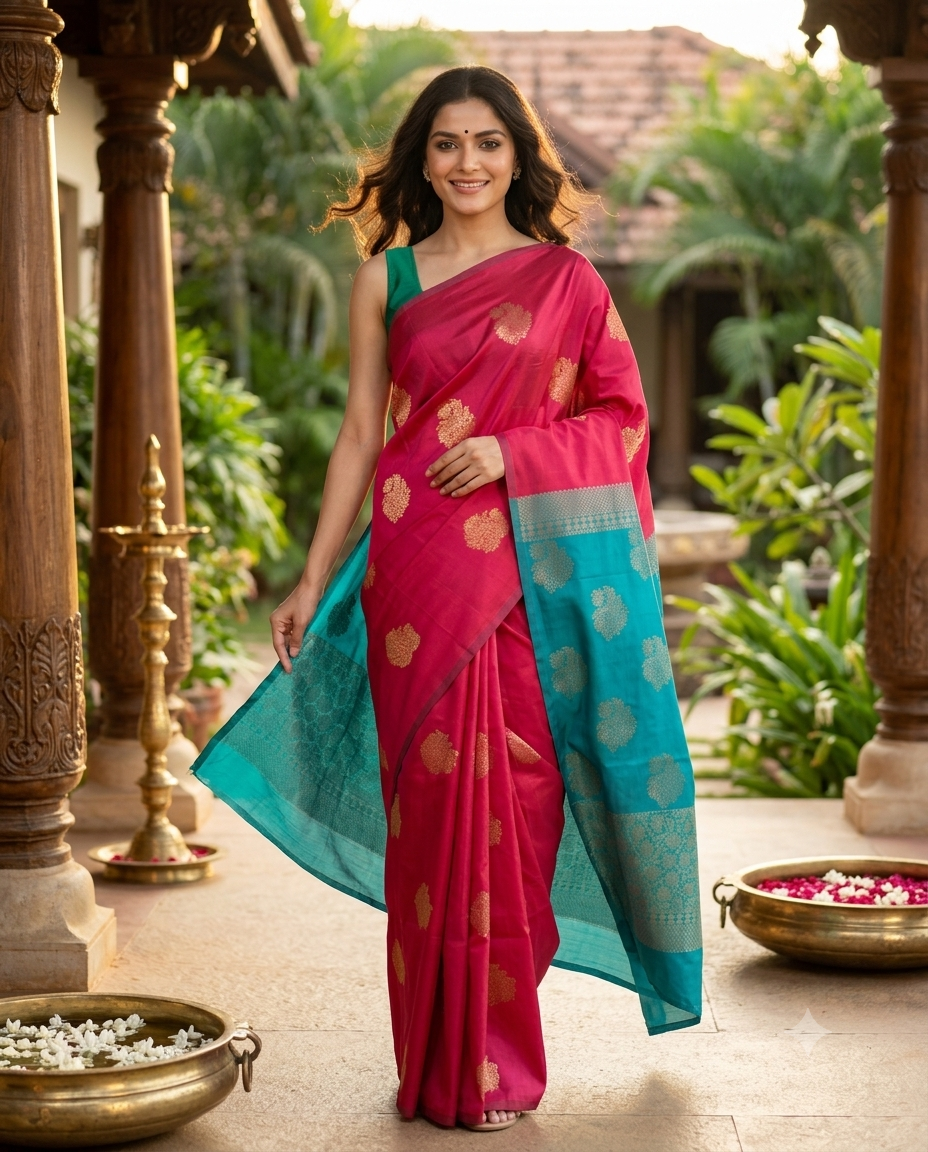 Magenta Pink with Teal Blue  Kanchi Semi Silk Saree