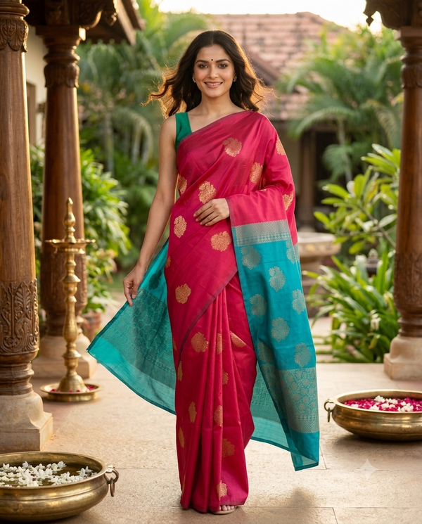 Magenta Pink with Teal Blue  Semi Silk Saree