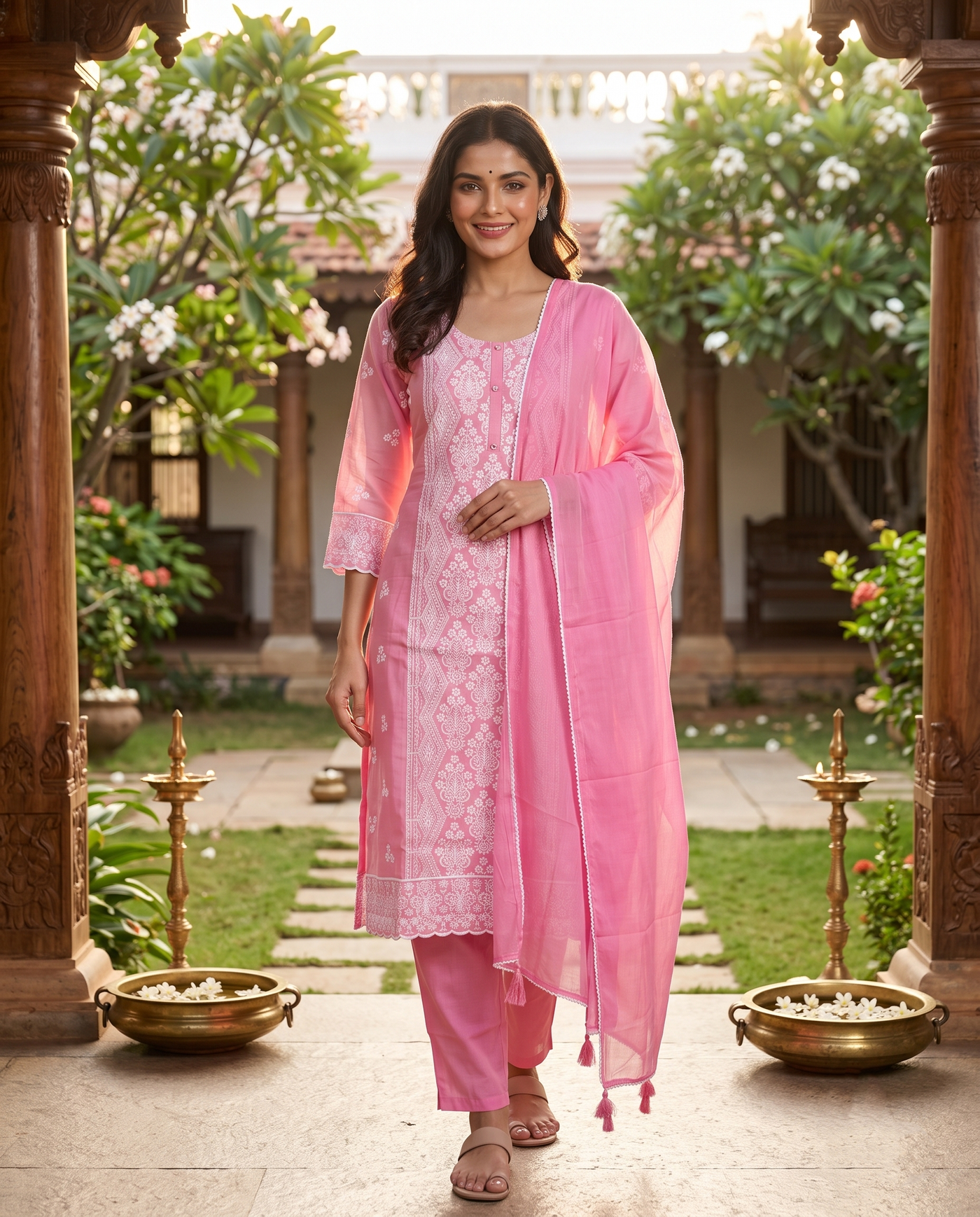 Pink with White Dupatta Ready Made Straight Cut Kurti Set
