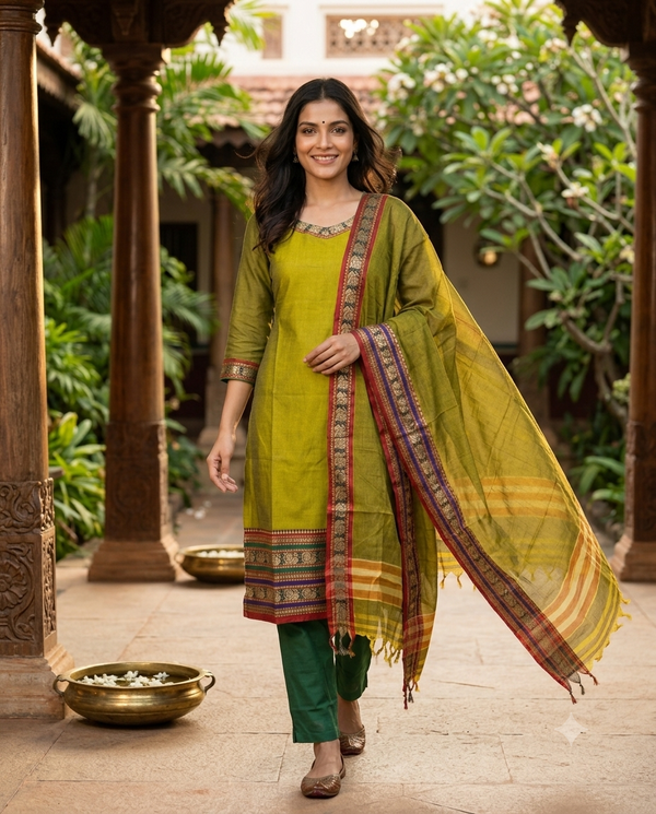 Mehndi Green Chettinad Cotton Straight Cut Kurti Set