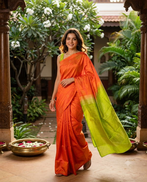 Orange and Lime Green Pure Soft Silk Saree