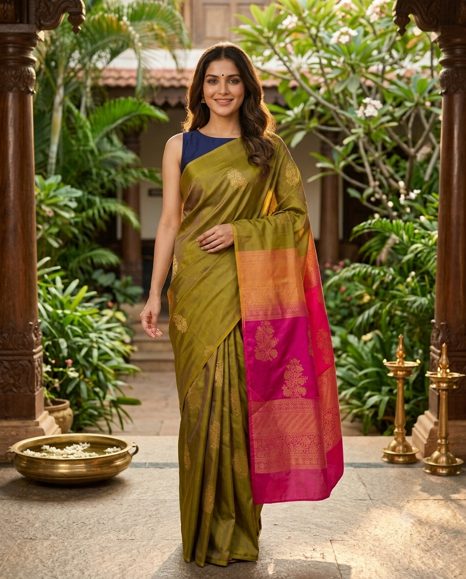 Olive Green with Magenta Pink - Kanchi Semi Silk Saree