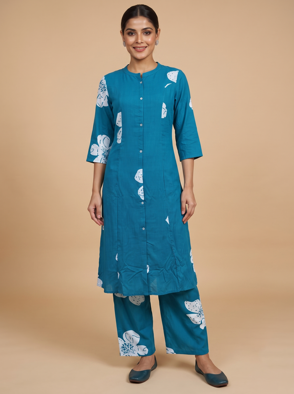 Blue Floral Cotton  2 piece Kurti Set
