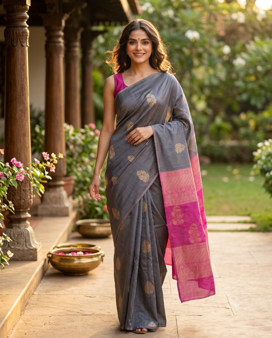 Dark Grey with Magenta Pink - Kanchi Semi Silk Saree