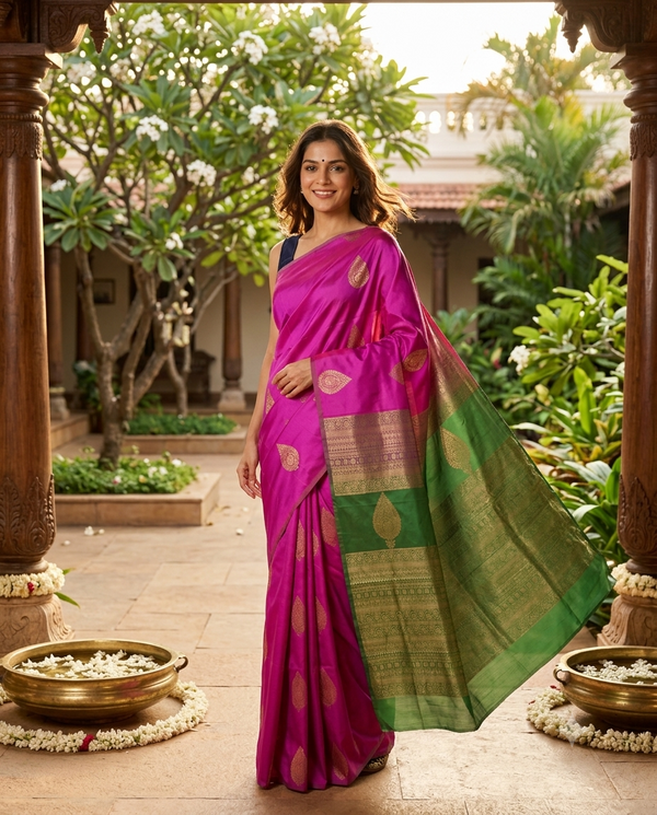 Magenta with Green - Semi Silk Saree