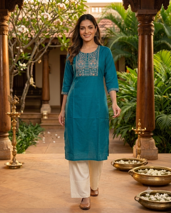 Teal Blue Cotton Embroidered  Kurti  Top