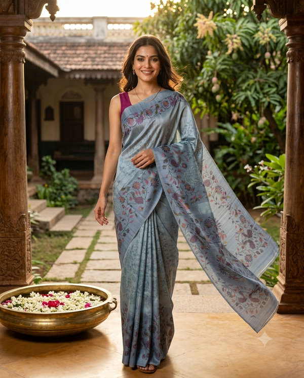 Ice Blue with Multicolor Floral Pallu - Semi Tussar Saree