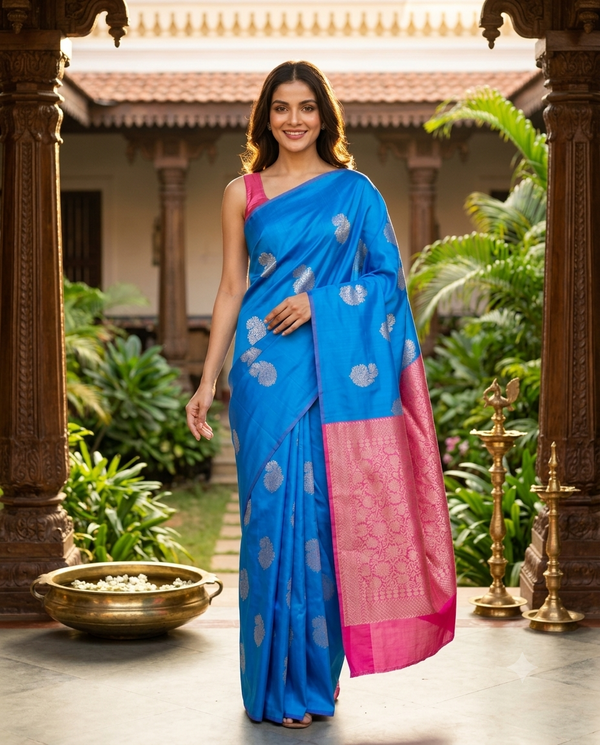 Sky Blue with Pink - Semi Silk Saree
