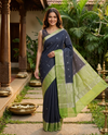 Navy Blue and Lime Green Semi Raw Silk Saree