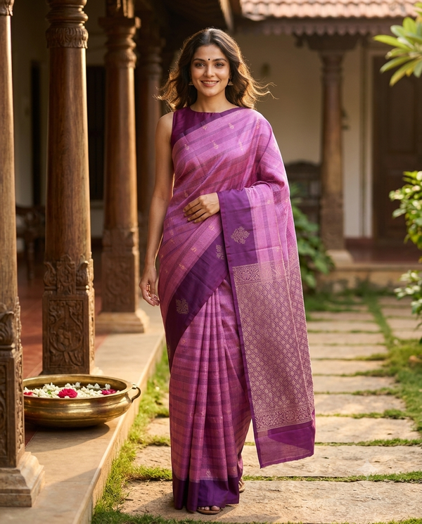 Orchid Pink and Wine Purple Pure Soft Silk Saree