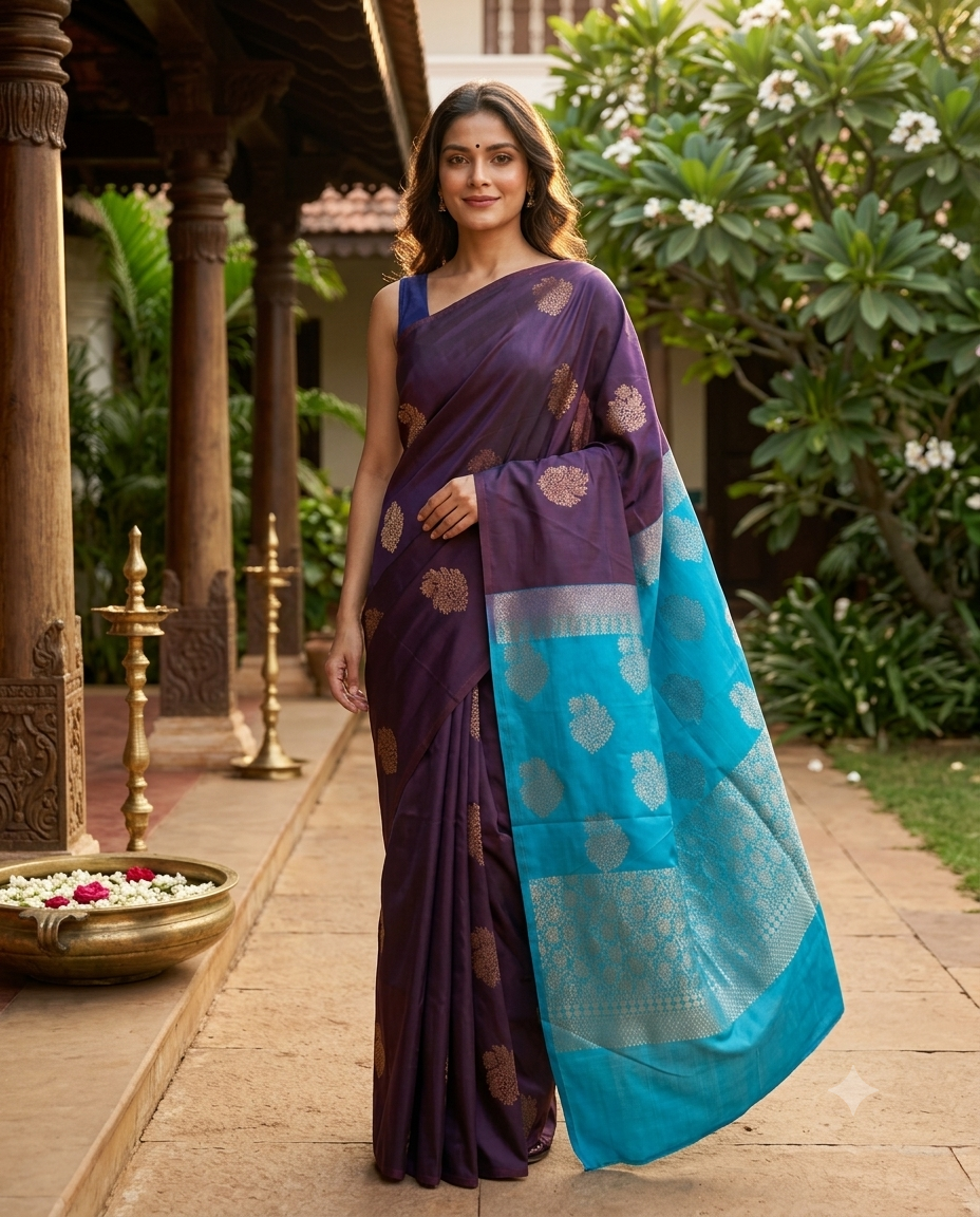 Wine with Turquoise - Kanchi Semi Silk Saree