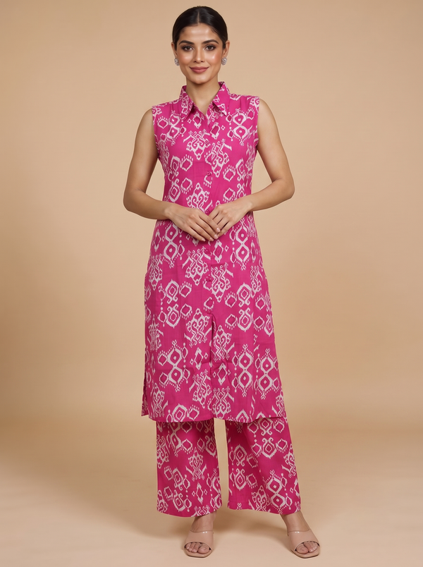 Pink Ikat Print Cotton Co-ord Set with A-Line Cut