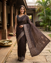 Dark Chocolate Brown Semi Raw Silk Saree