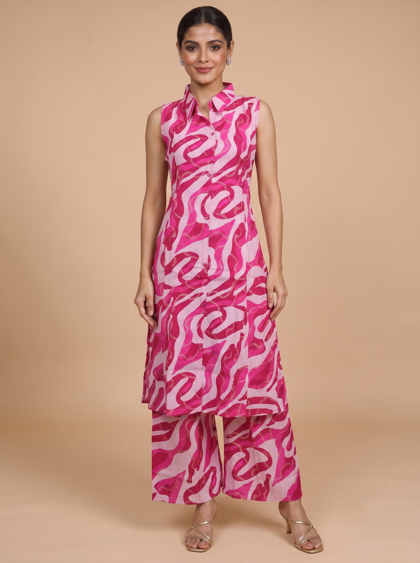 Pink Cotton Co-ord Set with A-Line Cut