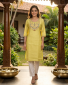 Lemon Yellow Embroidered Yoke Cotton Silk Straight Cut Top