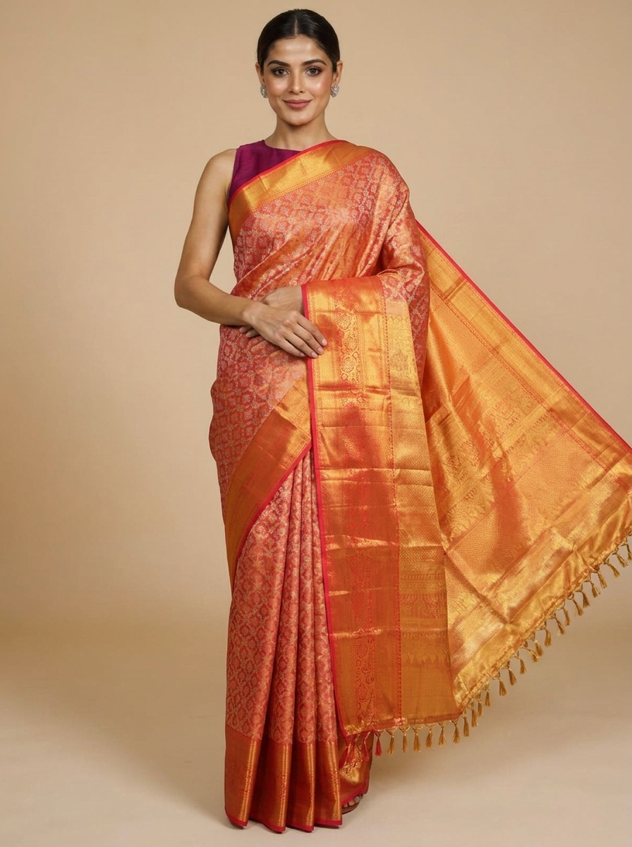 Orange and Gold Kanchipuram Pure Mix Saree