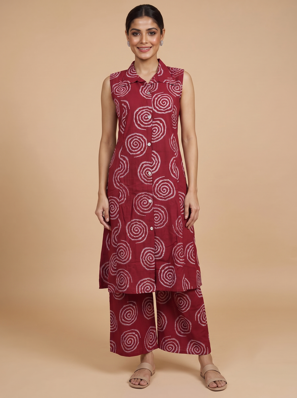 Maroon Shibori Print Co-ord Set with A-Line Cut