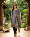 Grey Cotton Elephant Motif Handloom Chettinad Cotton Straight Cut Kurti Set