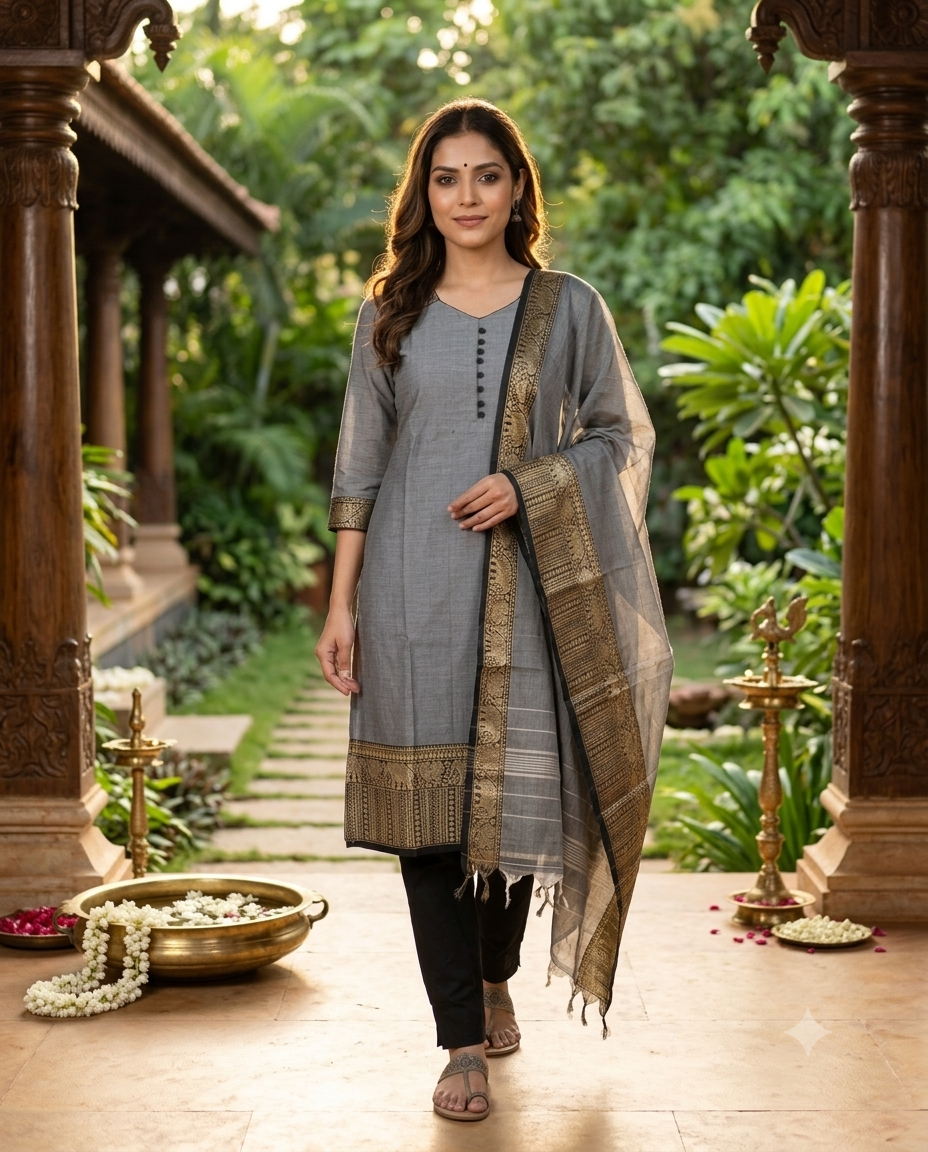 Grey Cotton Elephant Motif Handloom Chettinad Cotton Straight Cut Kurti Set