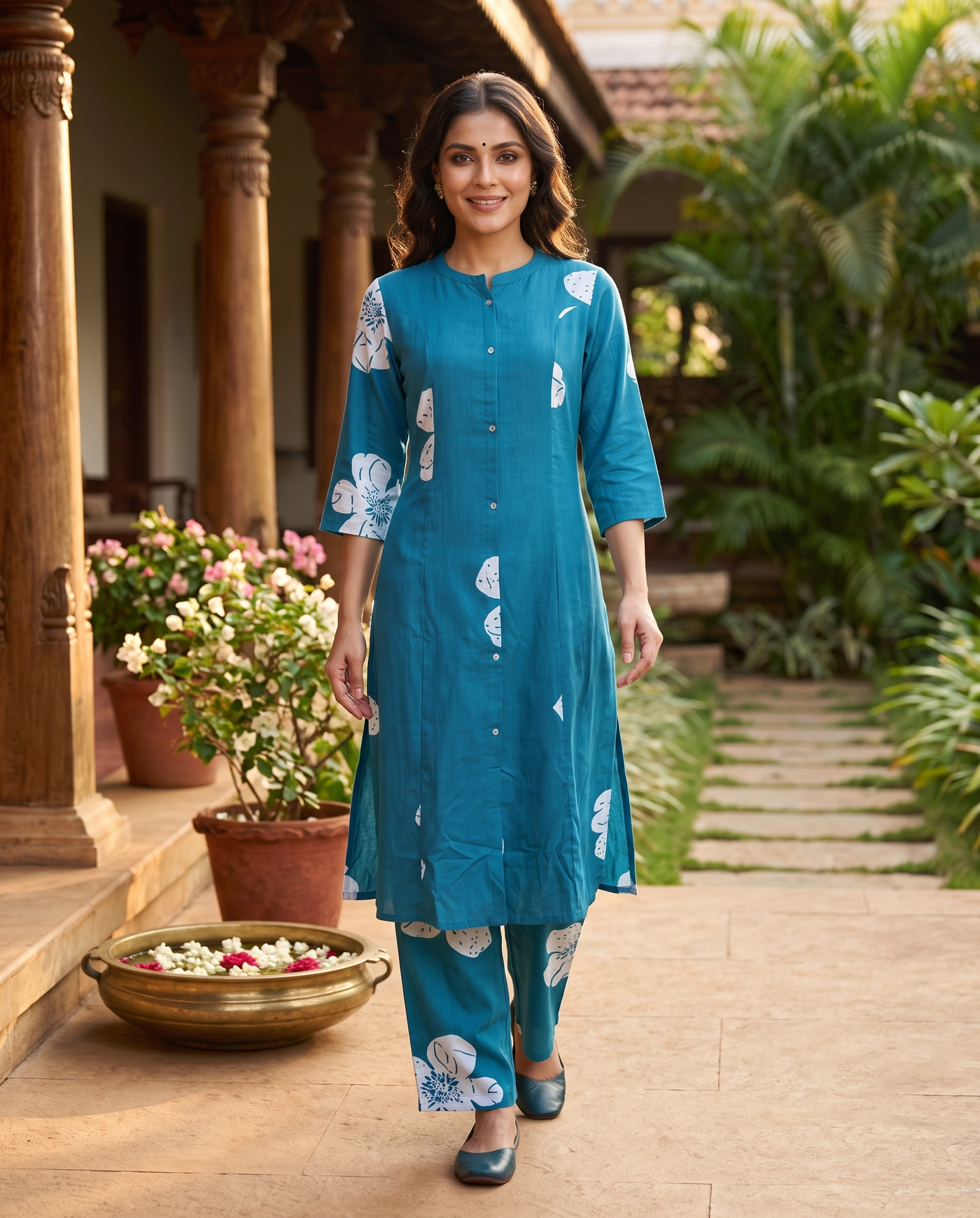 Blue Floral Cotton  2 piece Kurti Set