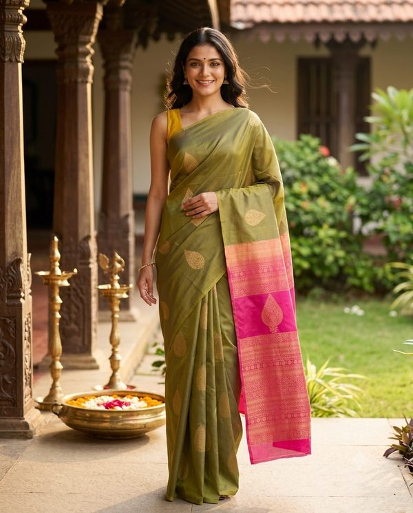 Olive Green with Pink - Semi Silk Saree