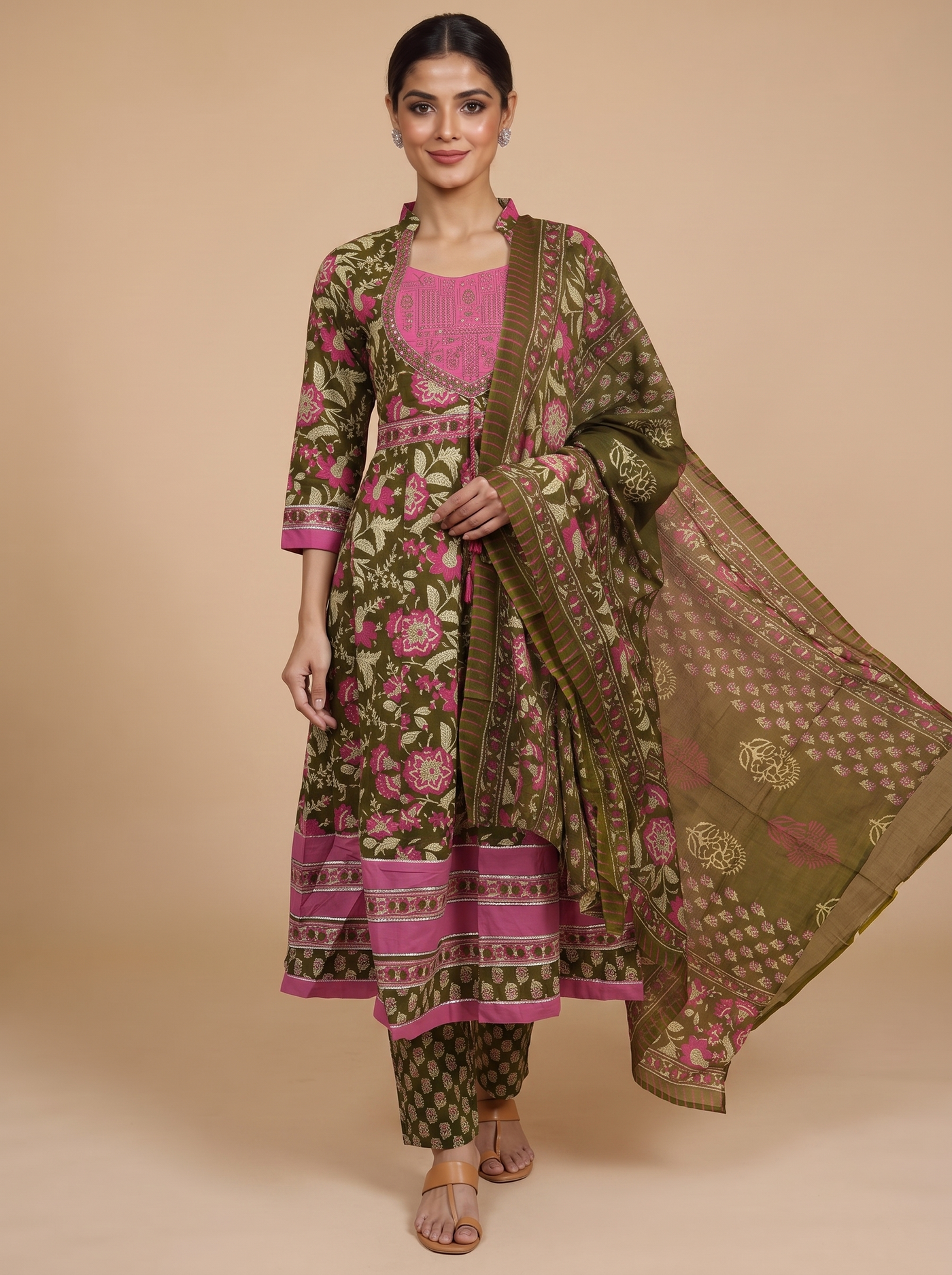 Olive Green with Pink Dupatta Anarkali Kurti Set