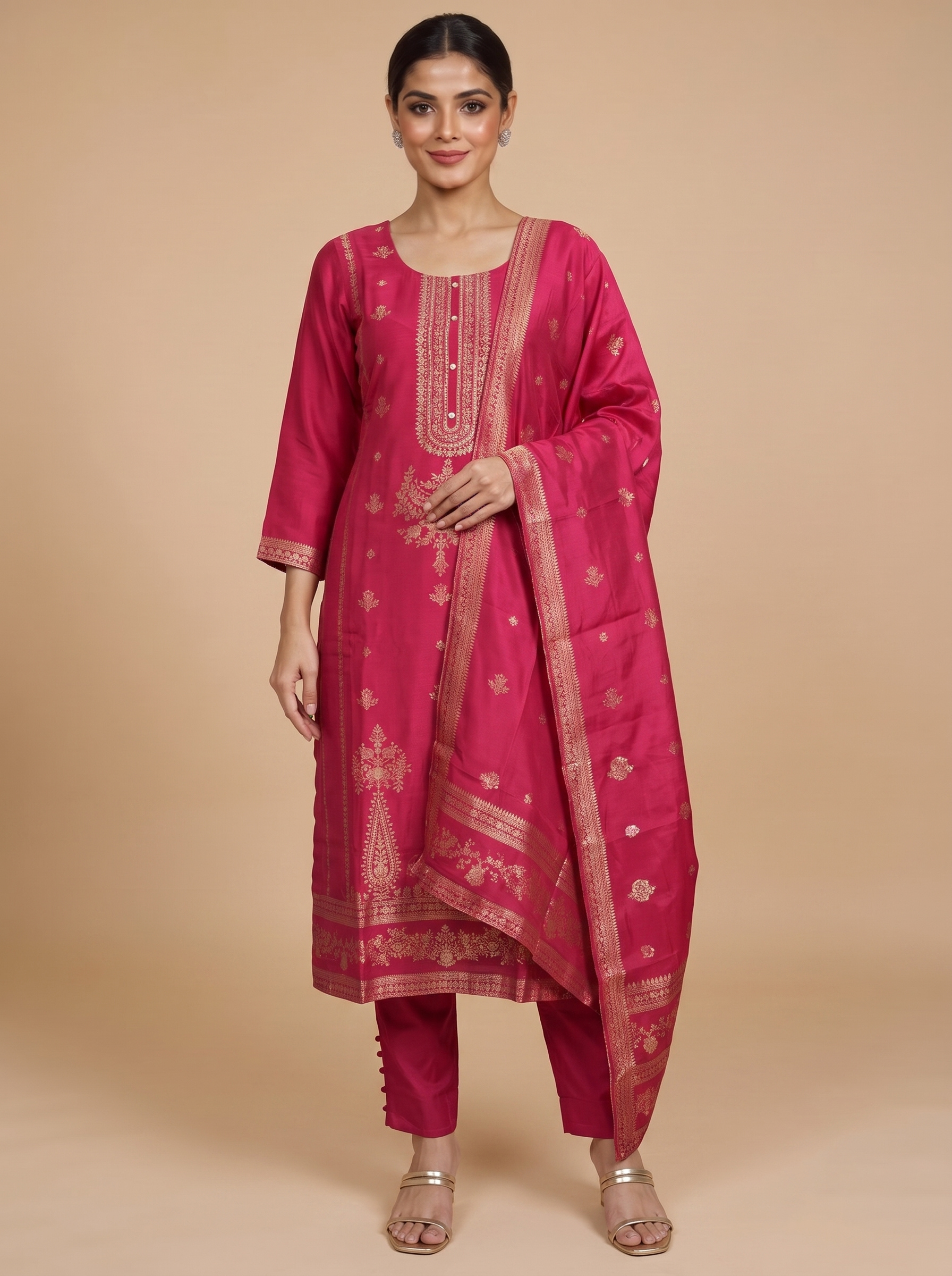 Rani Pink with Gold  Ready Made Salwar Suit