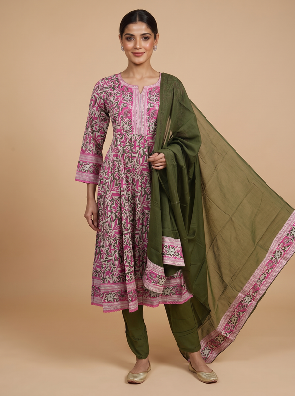 Olive Green with Pink Dupatta Anarkali Kurti Set