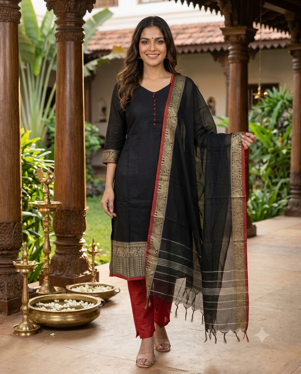 Black Handloom Chettinad Cotton Straight Cut Kurti Set