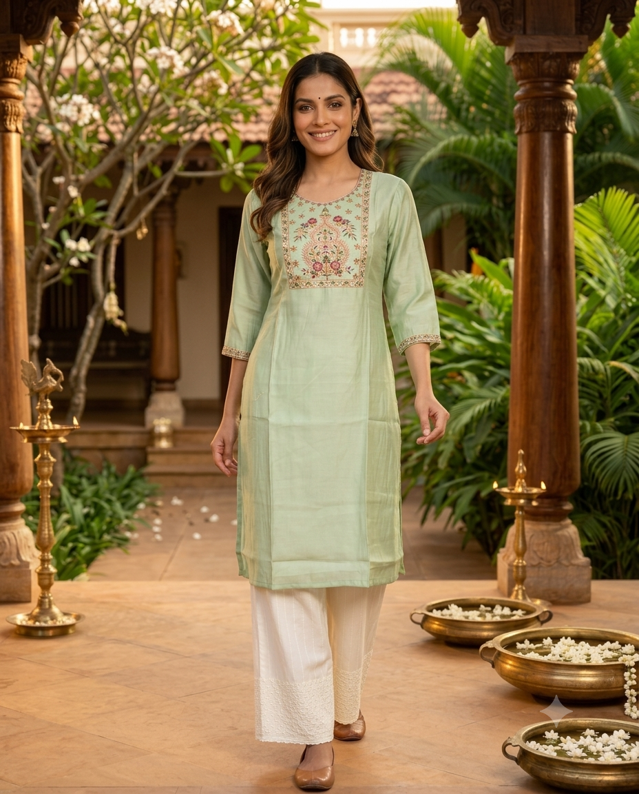 Sage Green Embroidered Chanderi Silk  Kurti Top