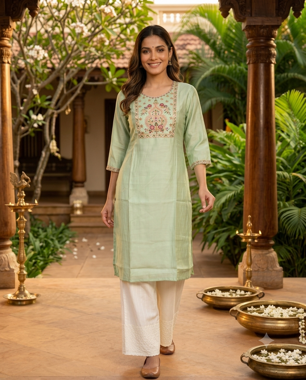 Sage Green Embroidered Chanderi Silk  Kurti Top