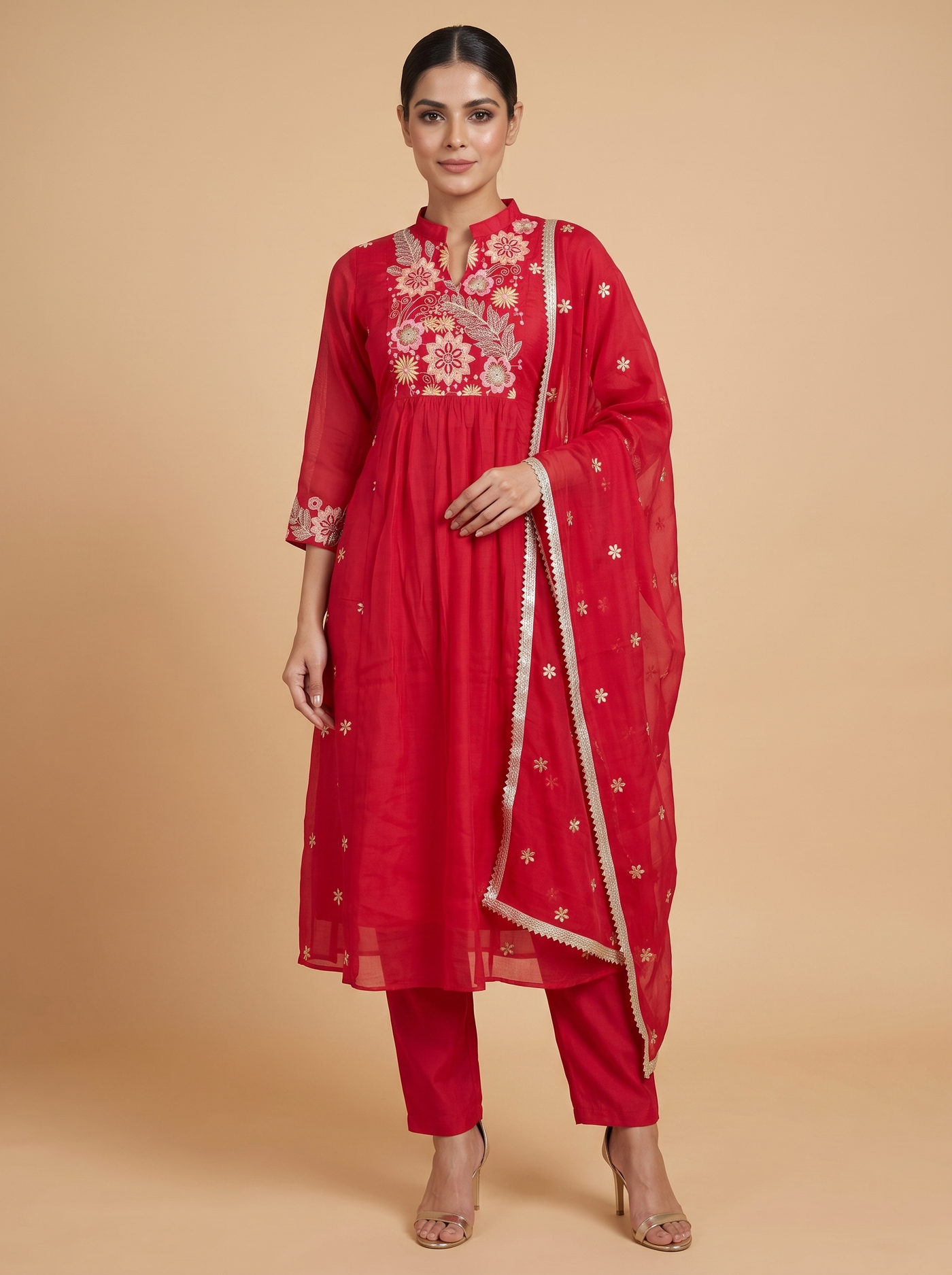 Crimson Red with Dupatta Anarkali Kurti Set