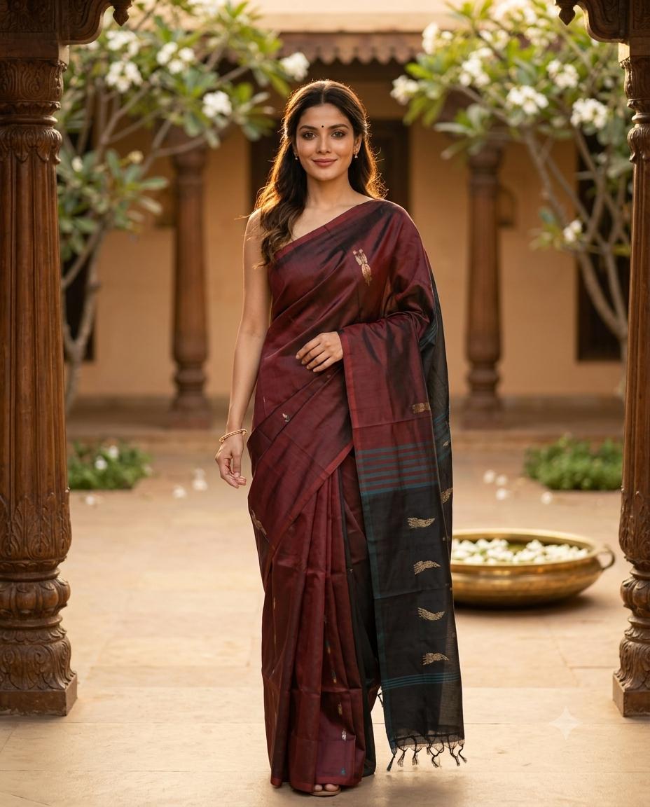 Maroon and Charcoal Grey Banana Silk Sarees