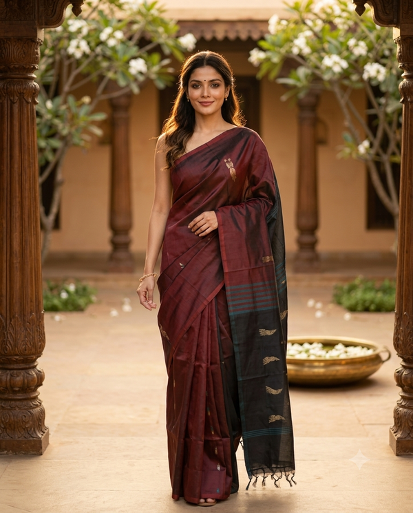Maroon and Charcoal Grey Banana Silk Sarees