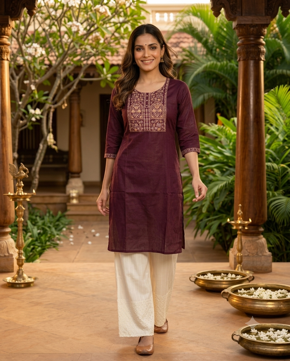 Wine Cotton Zari Embroidered  Kurti Top
