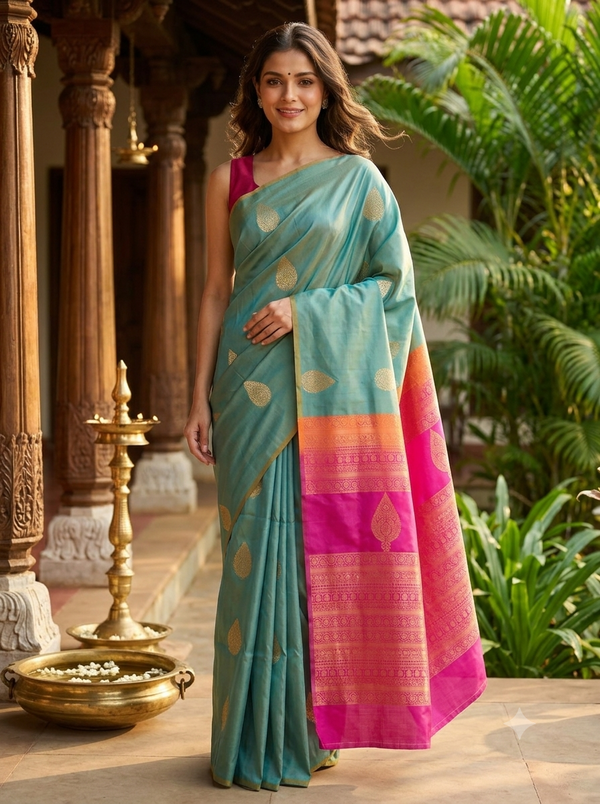 Sea Green with Rani Pink Semi Silk Saree