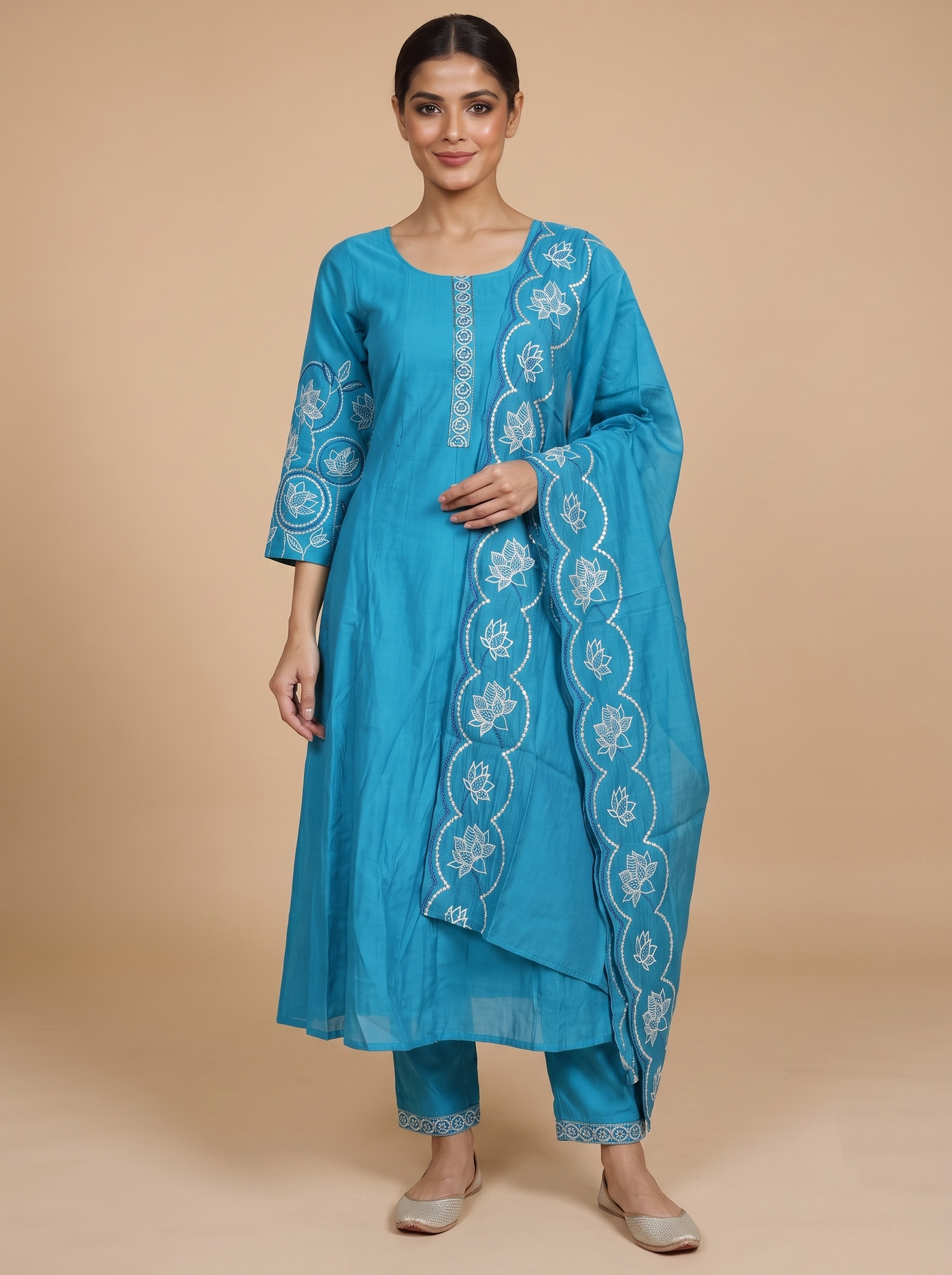 Teal Blue with white thread Dupatta Ready Made Kurti Set