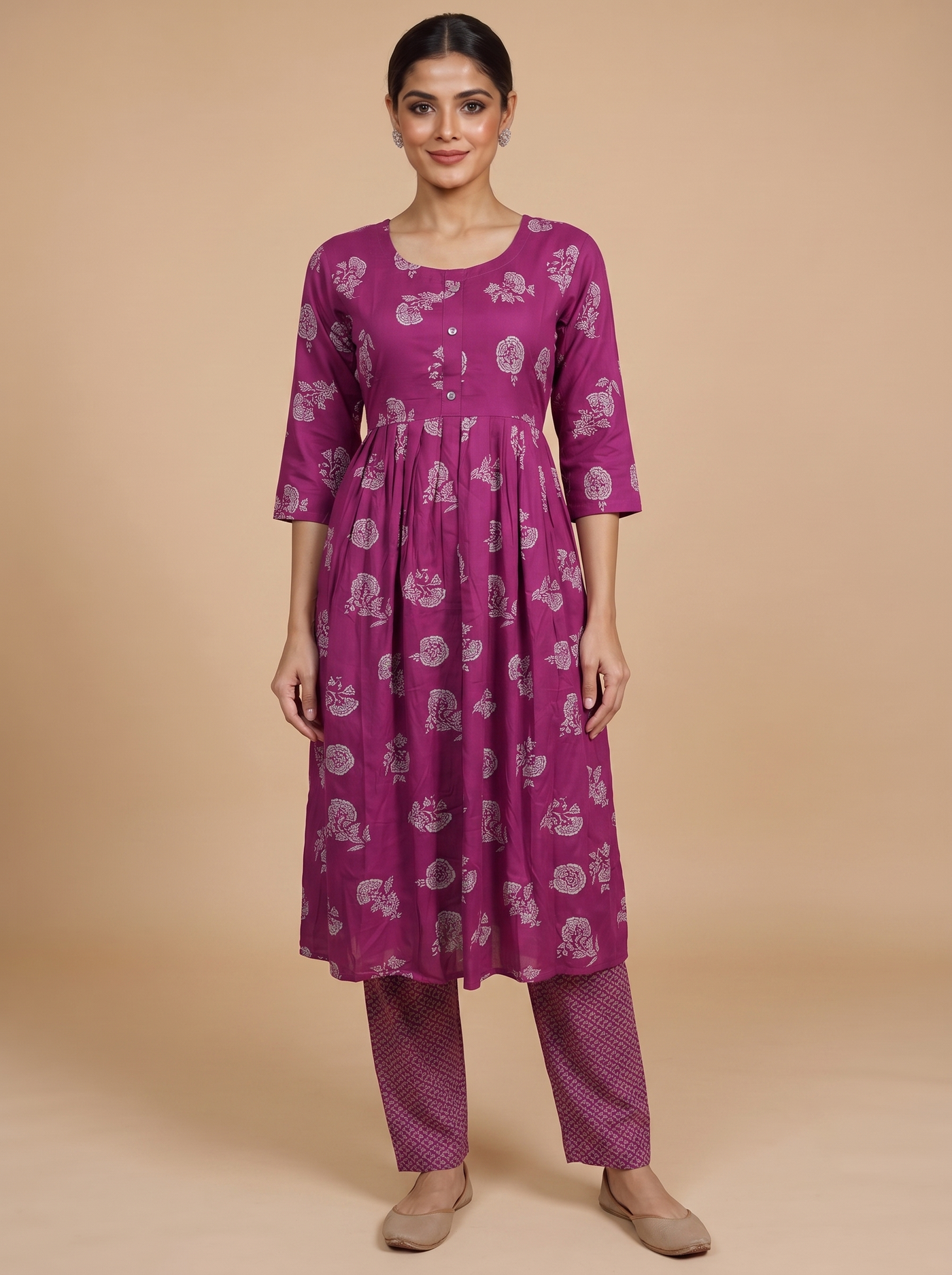 Magenta Printed Anarkali Kurti Set