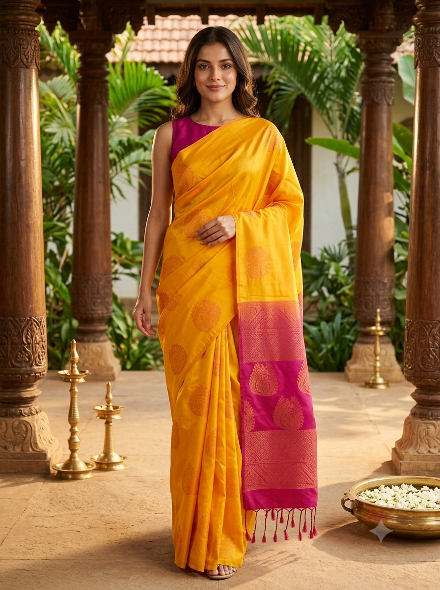 Mustard Yellow with Magenta Pink - Kanchi  Semi Silk Saree