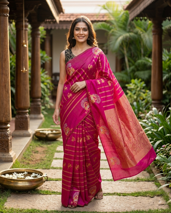 Rani Pink and Gold Semi Raw Silk Saree