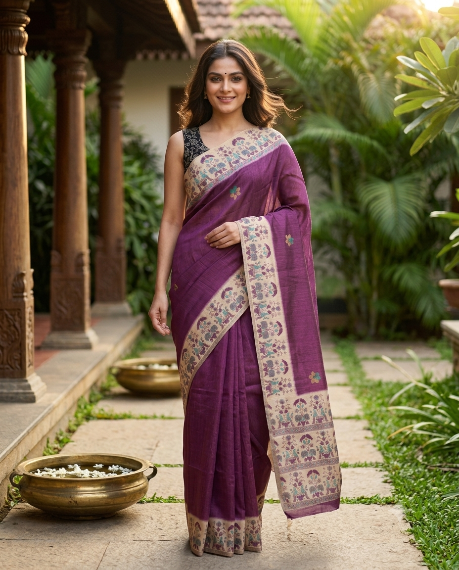 Wine Purple and Beige Linen Cotton Saree