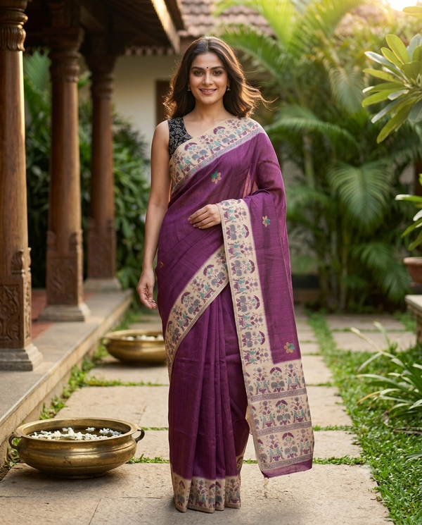 Wine Purple and Beige Linen Cotton Saree