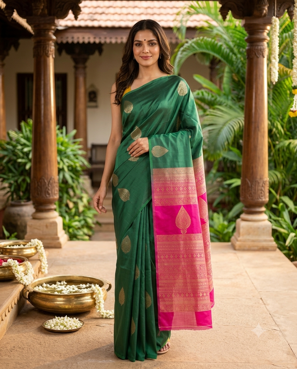 Bottle Green with Magenta Pink - Kanchipuram Semi Silk Saree