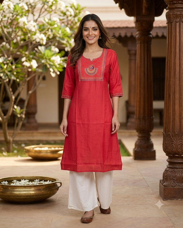 Pink Peacock Embroidered Cotton Silk Straight Cut Top