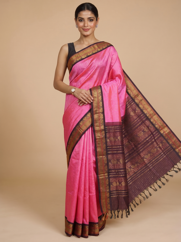 Elegant Rani Pink With Wine-colored border Pure Silk Cotton Saree